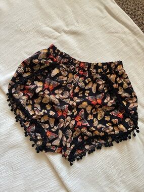 Boho Black Butterfly Pom Trim Summer Shorts
